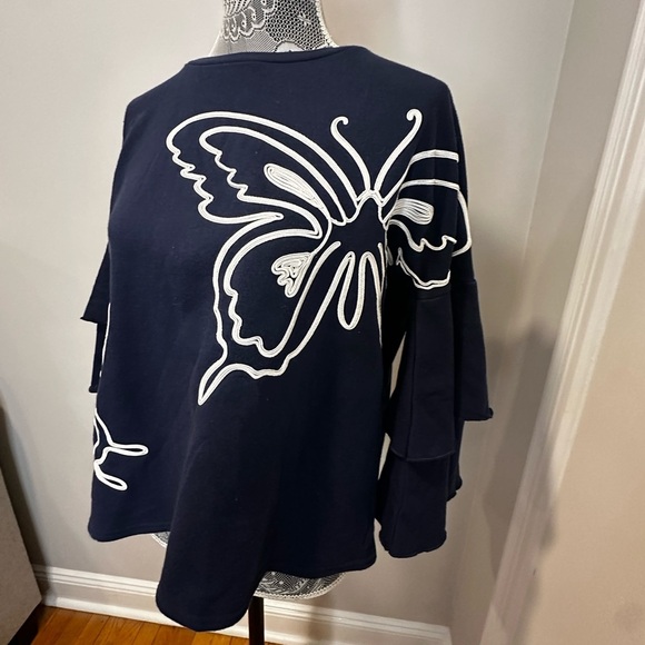 Navy Butterfly Fleece Bell Puff Sleeve Sweatshirt DG2 by Diane Gilman. Crew. Sm - Picture 9 of 16